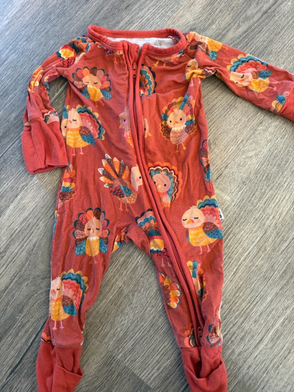 Newborn Zip-Front One-Piece Sleepwear in Rust with Colorful Turkeys